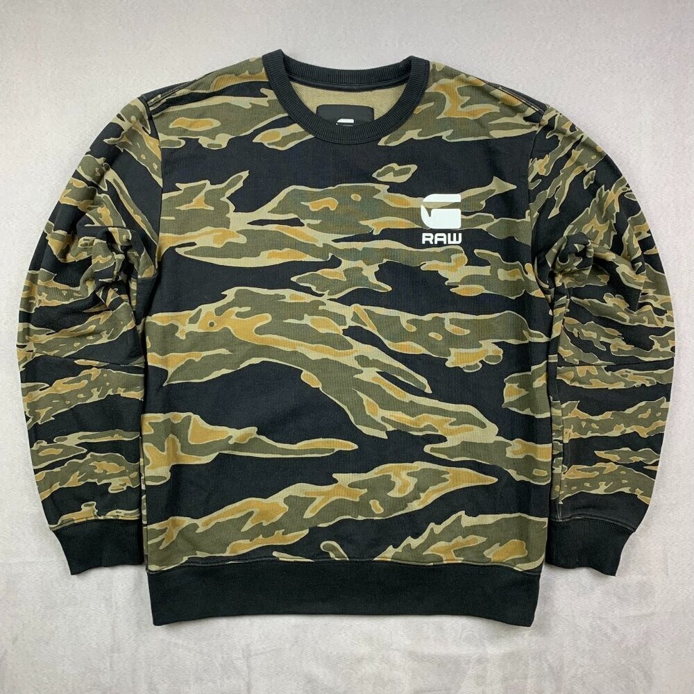 G Star Mens Sweater Medium Green Black Tiger Camo Crewneck Long Sleeve Army